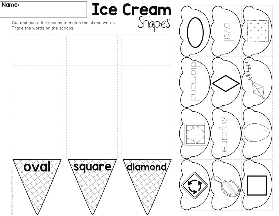 Ice cream shapes sort: students paste scoops with pictures and traced words onto oval, square and diamond cones