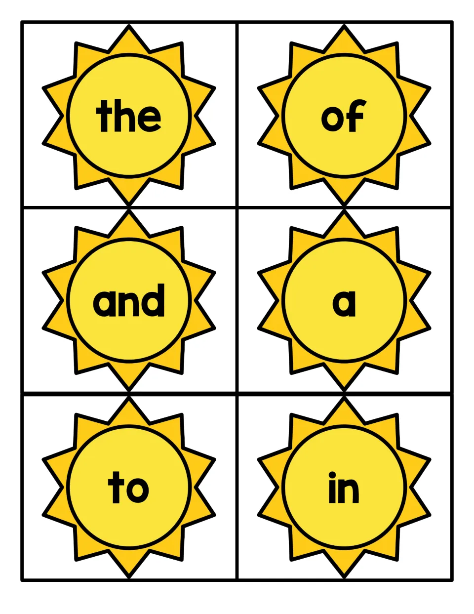 Summer sight word flashcards 1–6 from the Fry 1–100 set for reading practice: the, of, and, a, to, in.