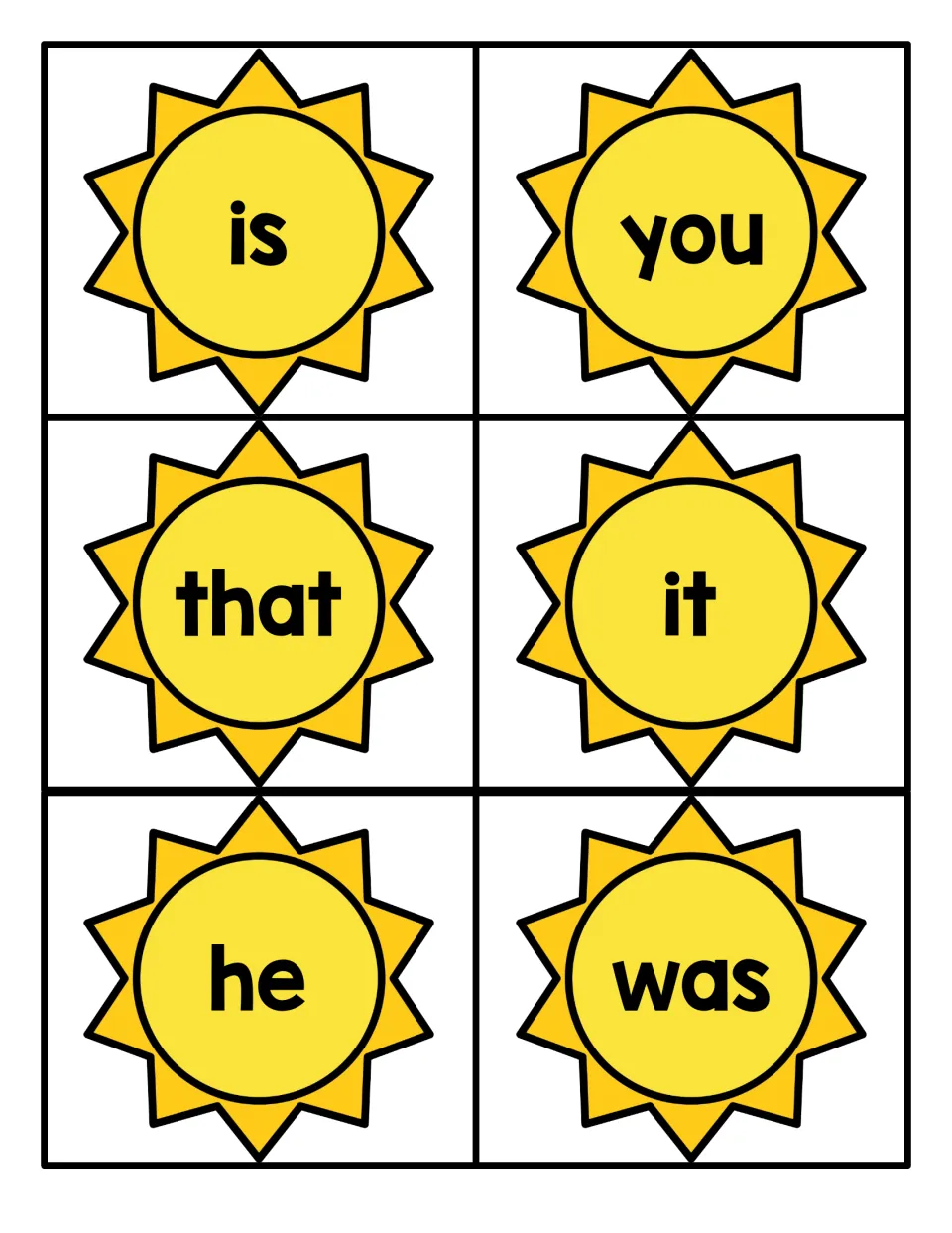 Summer sight word flashcards 7–12 from the Fry 1–100 set for reading practice: is, you, that, it, he, was.