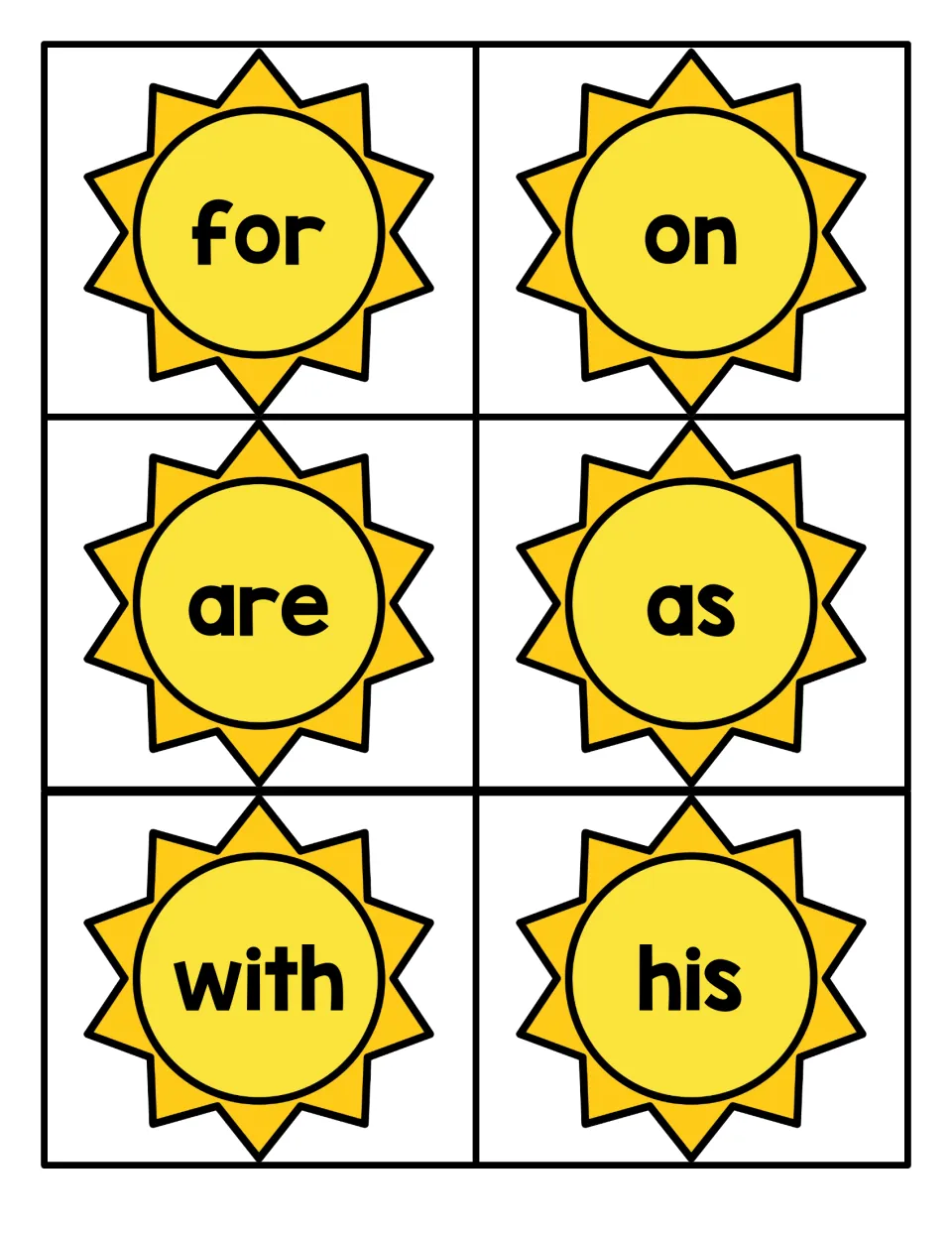 Summer sight word flashcards 13–18 from the Fry 1–100 set for reading practice: for, on, are, as, with, his.