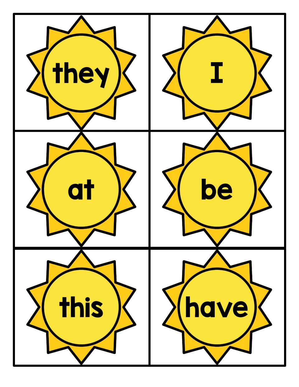 Summer sight word flashcards 19–24 from the Fry 1–100 set for reading practice: they, I, at, be, this, have.