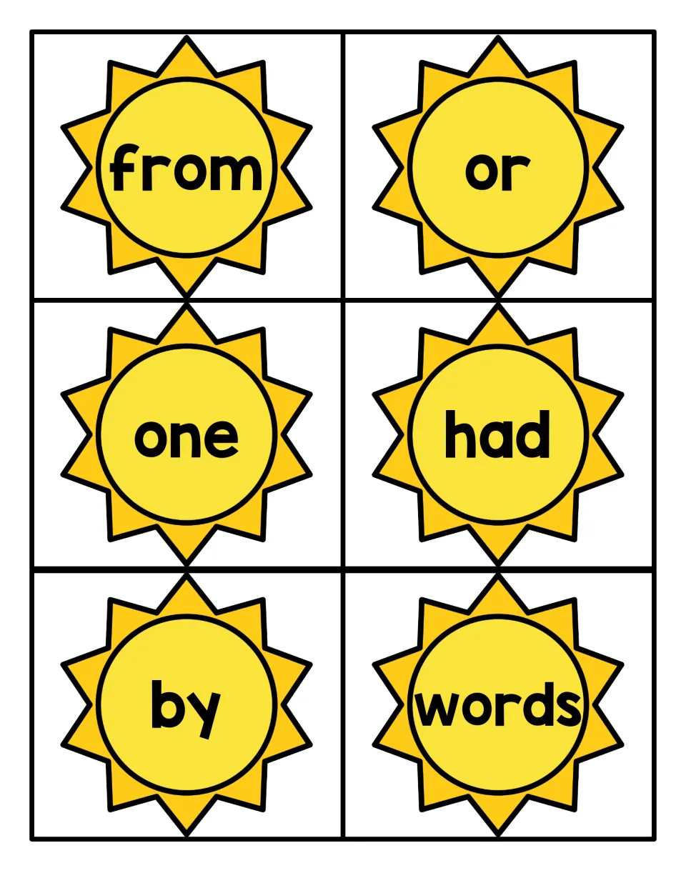 Summer sight word flashcards 25–30 from the Fry 1–100 set for reading practice: from, or, one, had, by, words.