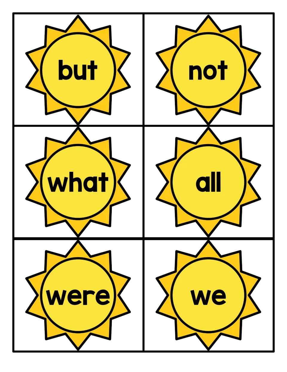 Summer sight word flashcards 31–36 from the Fry 1–100 set for reading practice: but, not, what, all, were, we.