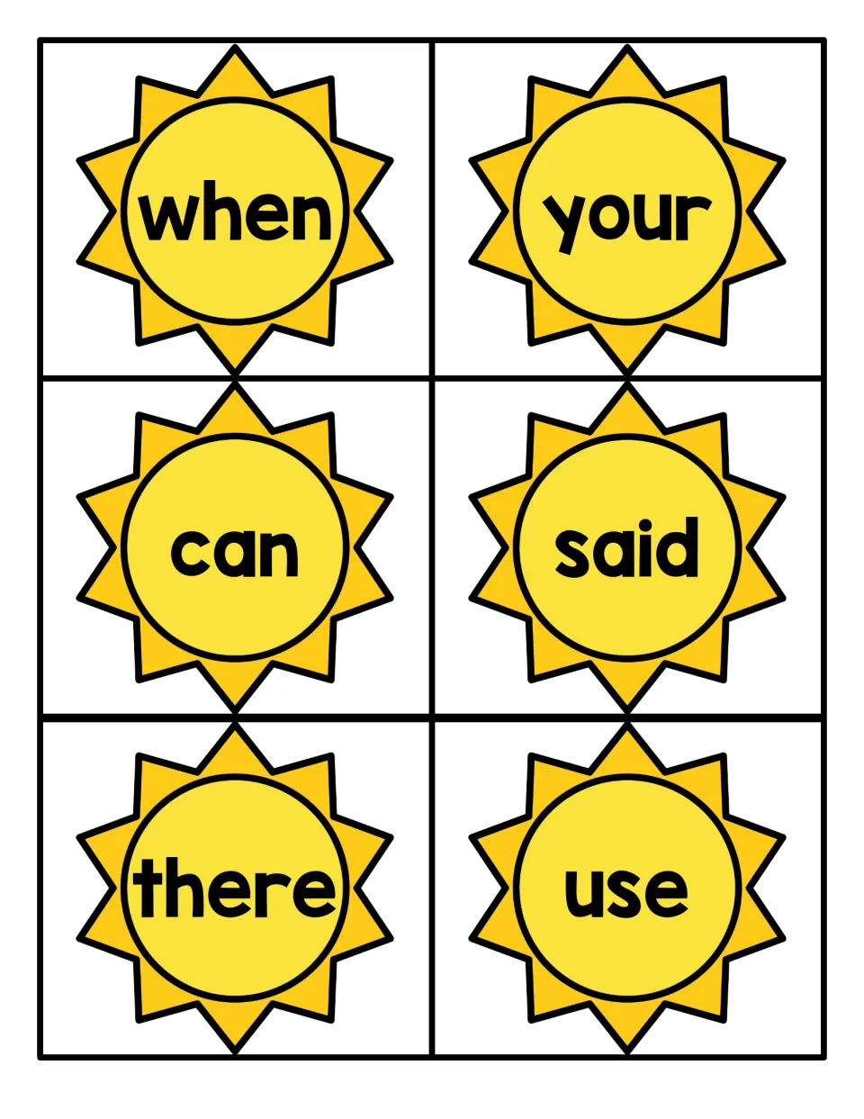 Summer sight word flashcards 37–42 from the Fry 1–100 set for reading practice: when, your, can, said, there, use.