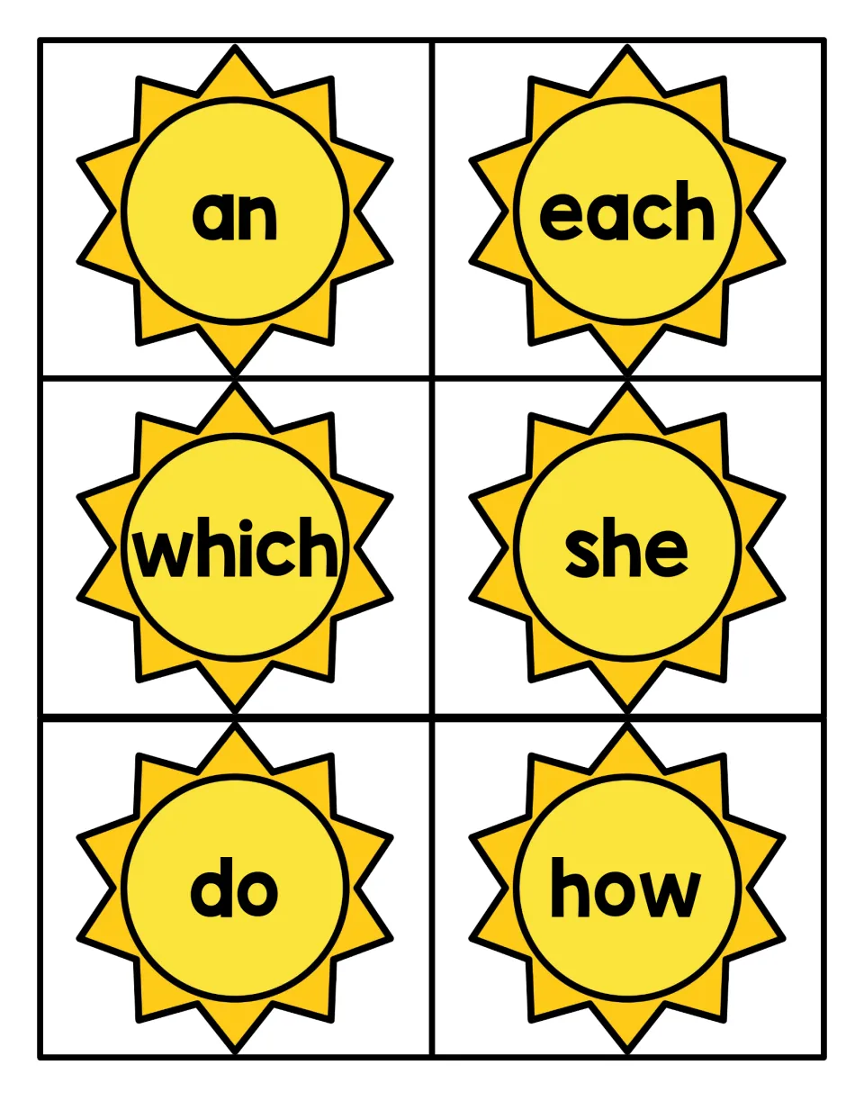 Summer sight word flashcards 43–48 from the Fry 1–100 set for reading practice: an, each, which, she, do, how.