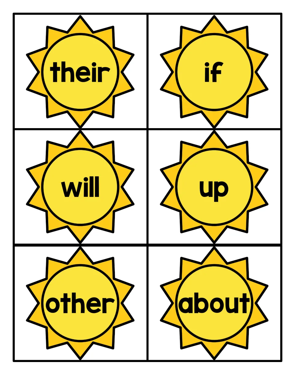 Summer sight word flashcards 49–54 from the Fry 1–100 set for reading practice: their, if, will, up, other, about.