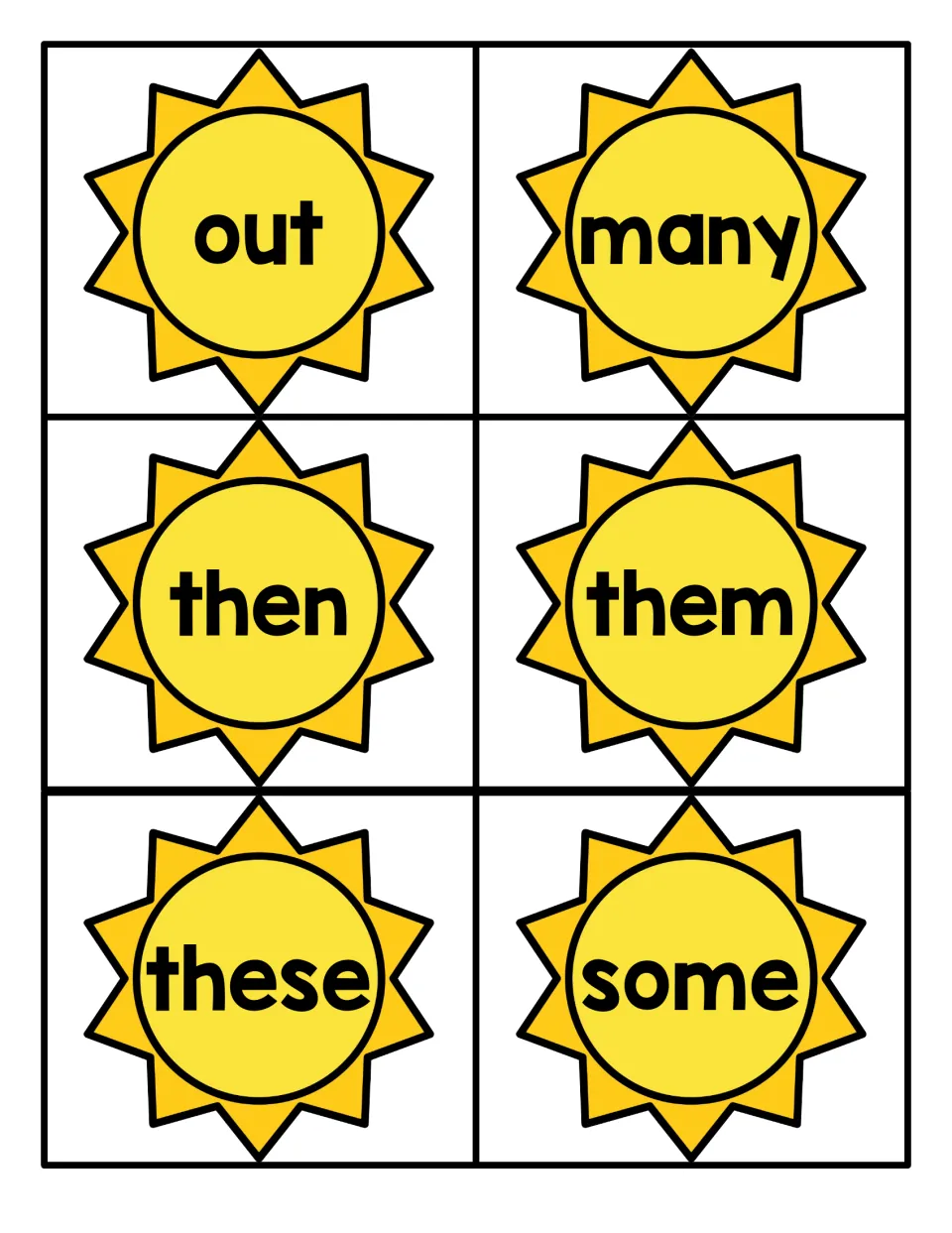 Summer sight word flashcards 55–60 from the Fry 1–100 set for reading practice: out, many, then, them, these, some.