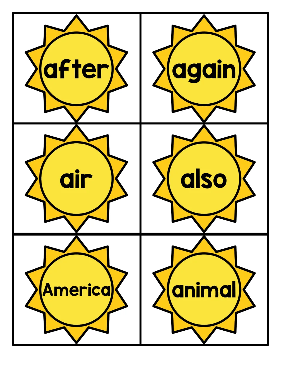 Fry sight word cards 1–6: after, again, air, also, America, and animal, from the summer card set.