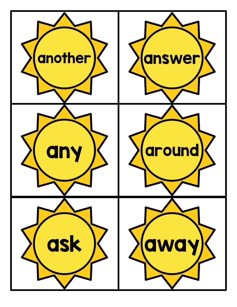 Fry sight word cards 7–12: another, answer, any, around, ask, and away, from the summer card set.