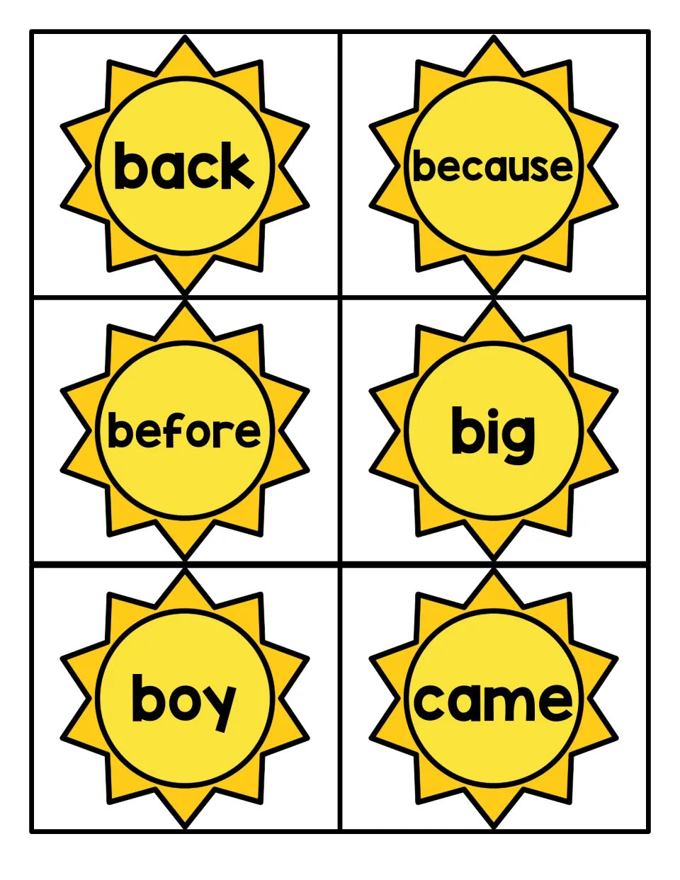Fry sight word cards 13–18: back, because, before, big, boy, and came, from the summer card set.