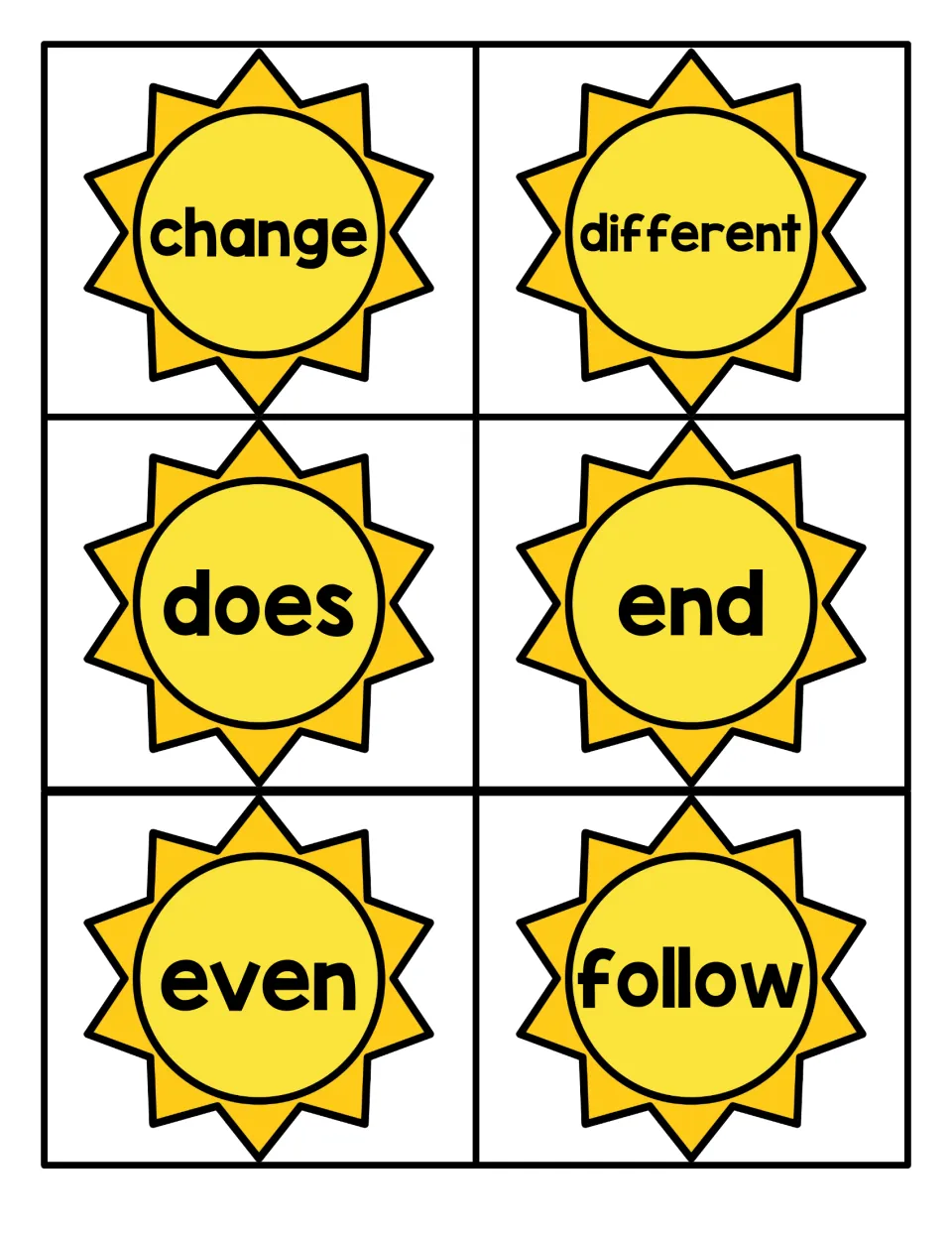Fry sight word cards 19–24: change, different, does, end, even, and follow, from the summer card set.
