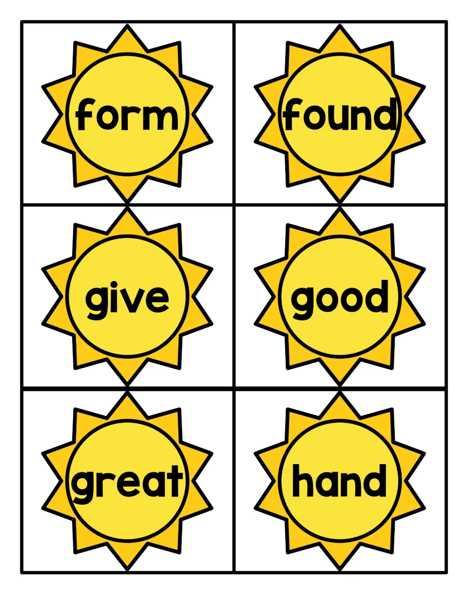 Fry sight word cards 25–30: form, found, give, good, great, and hand, from the summer card set.