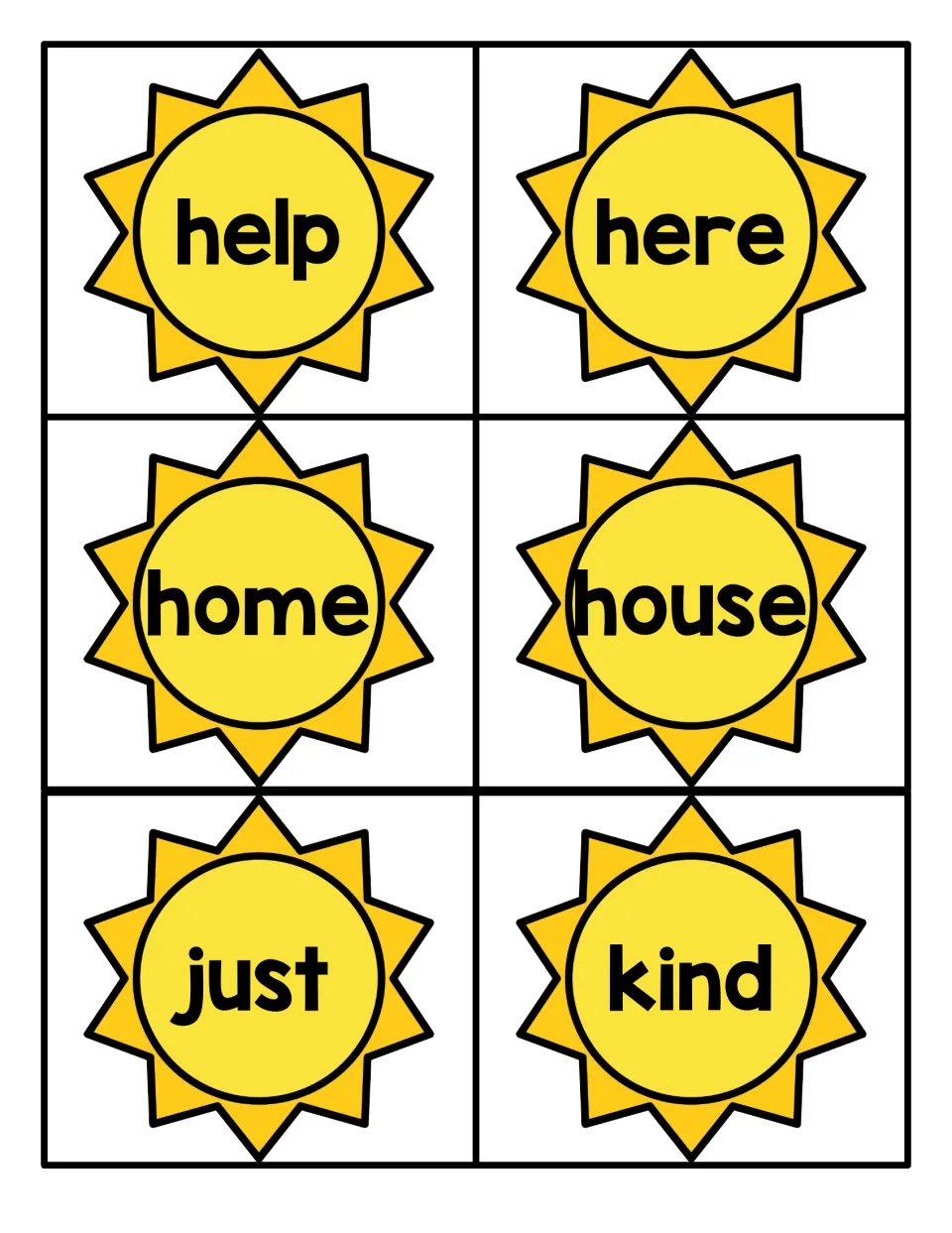 Fry sight word cards 31–36: help, here, home, house, just, and kind, from the summer card set.