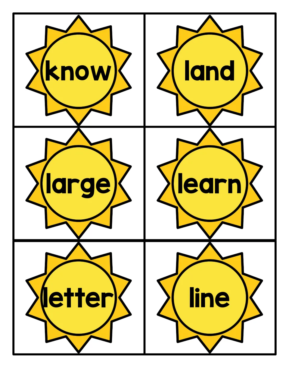 Fry sight word cards 37–42: know, land, large, learn, letter, and line, from the summer card set.