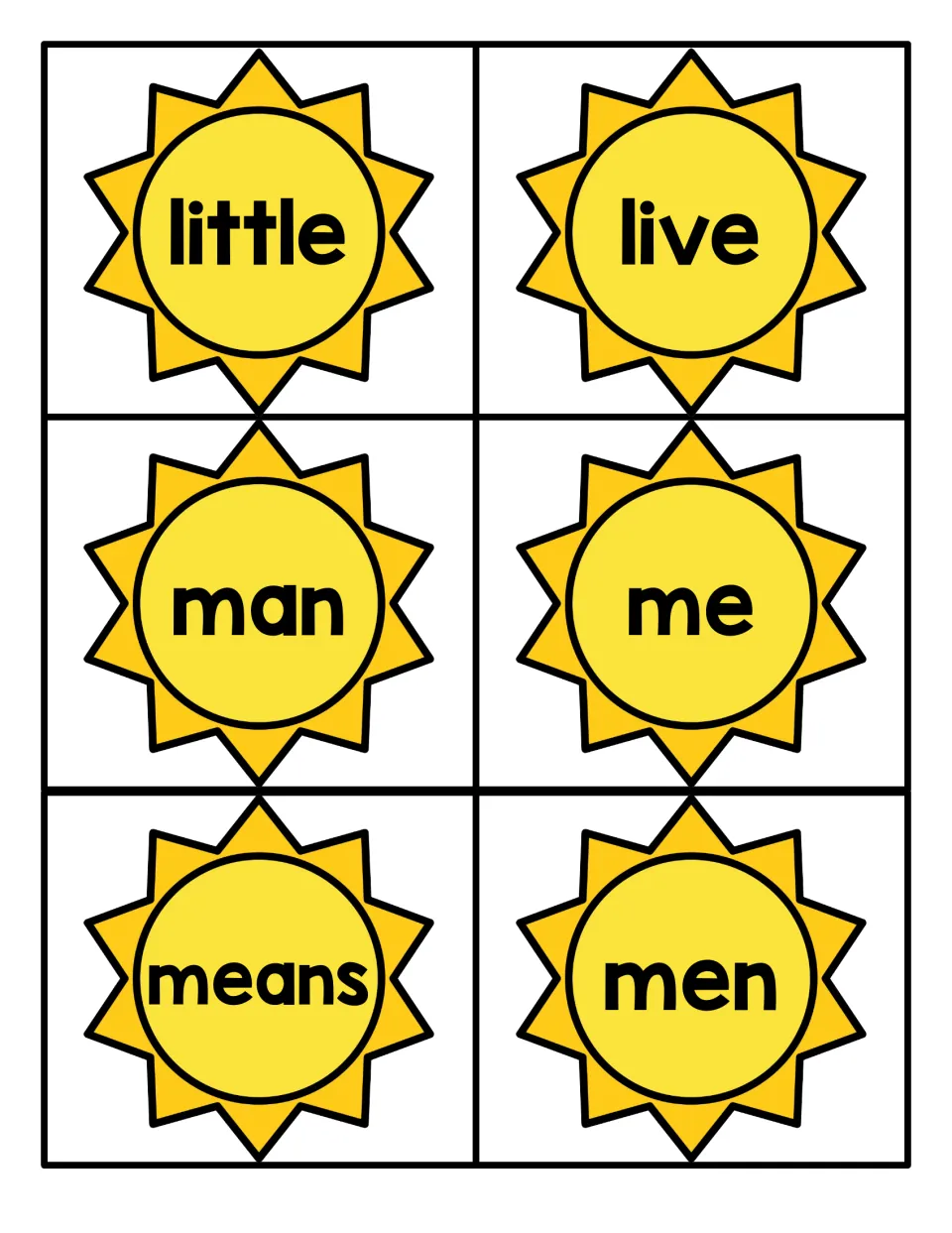 Fry sight word cards 43–48: little, live, man, me, means, and men, from the summer card set.