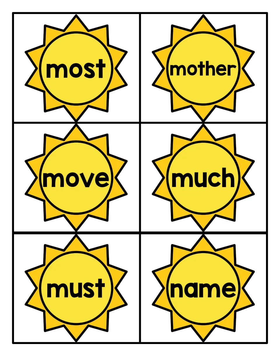 Fry sight word cards 49–54: most, mother, move, much, must, and name, from the summer card set.