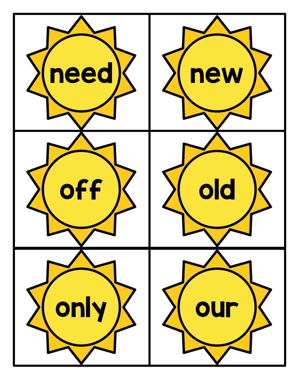 Fry sight word cards 55–60: need, new, off, old, only, and our, from the summer card set.