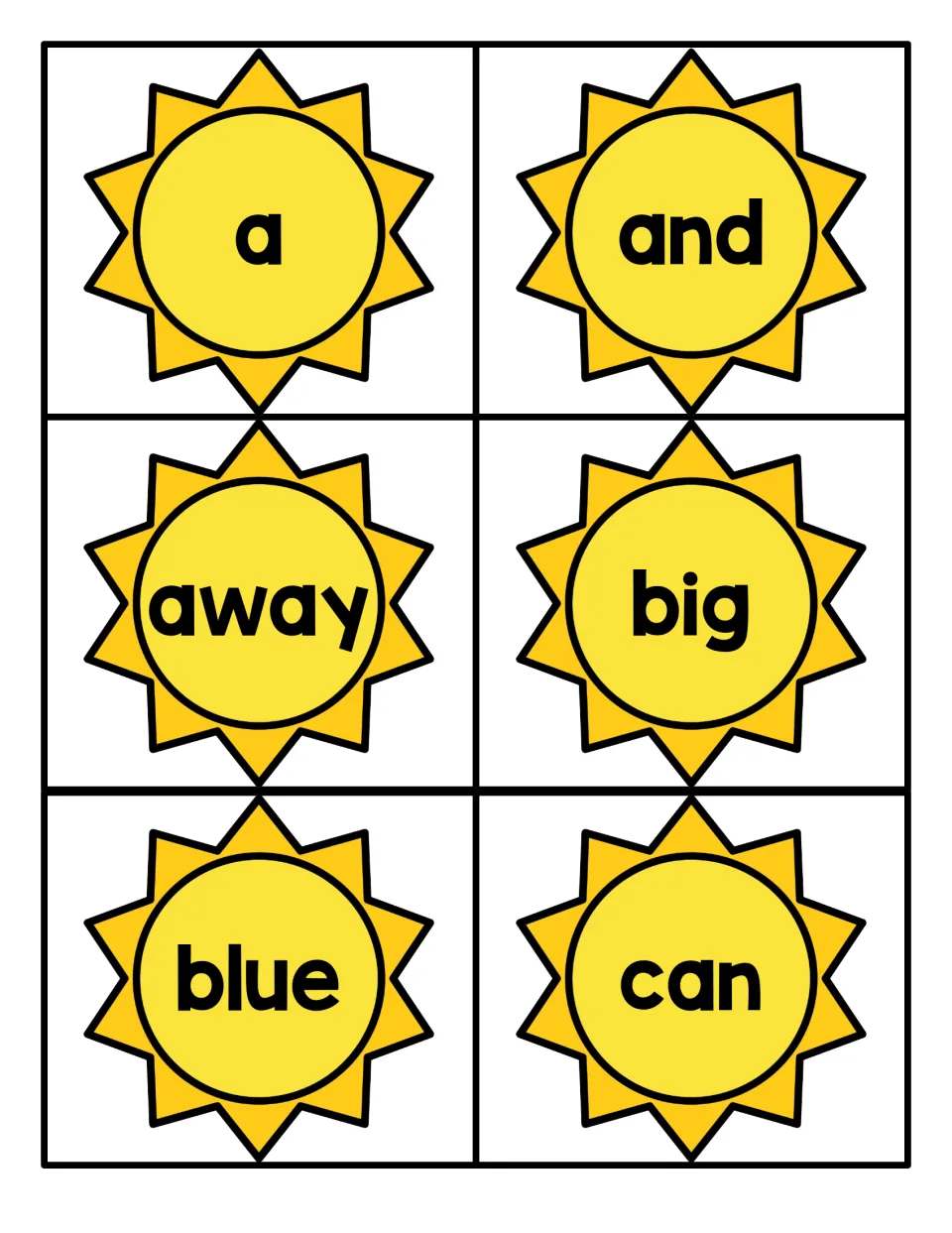 Sight word cards on yellow suns: a, and, away, big, blue and can, for students to cut apart and read aloud