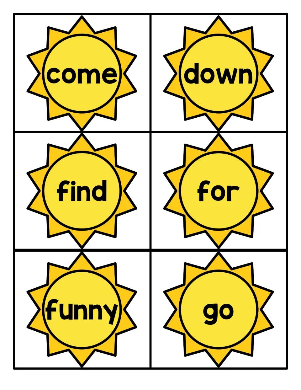 Sun flashcards showing come, down, find, for, funny and go for practising quick recognition of high-frequency words
