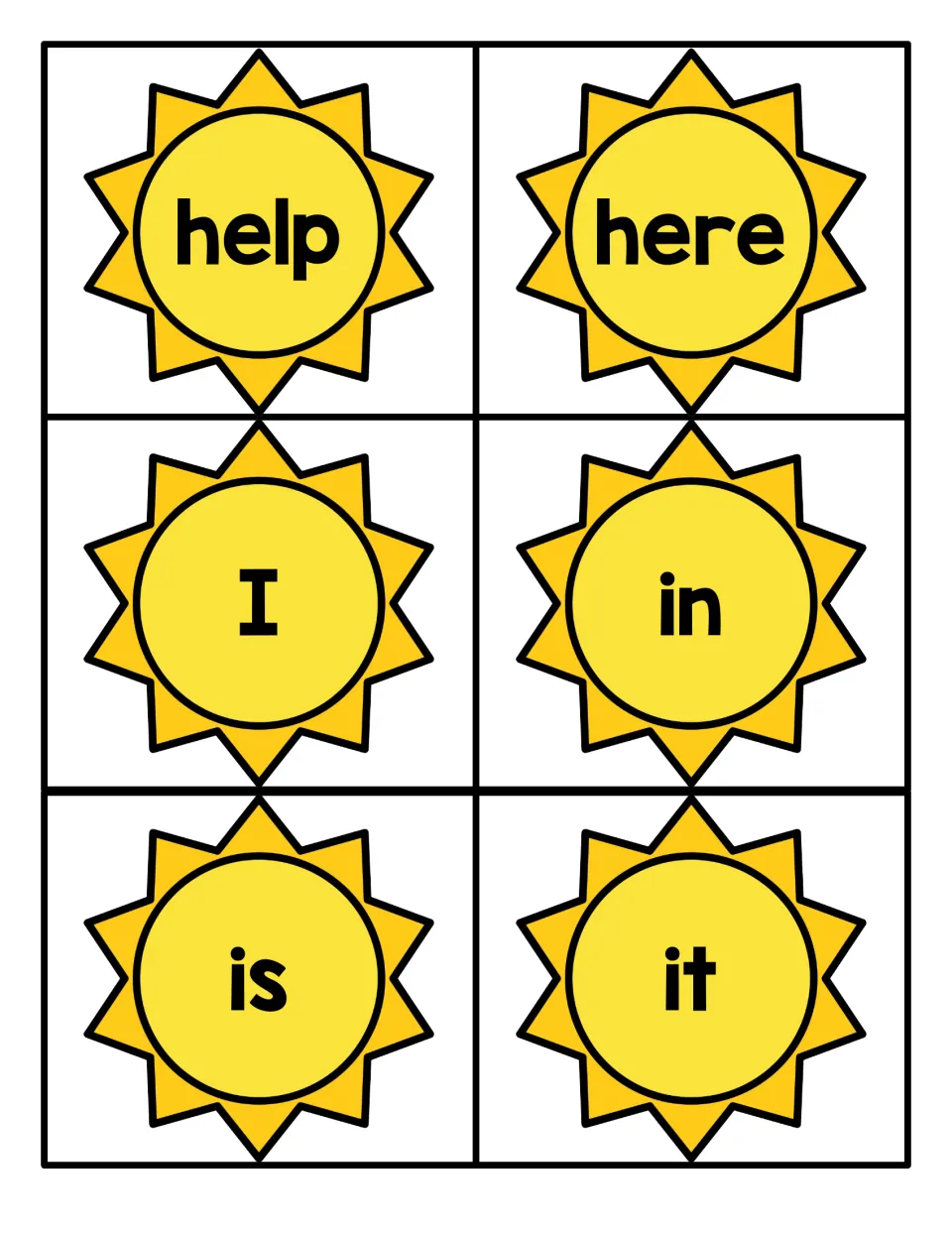 Six summer sun cards with the words help, here, I, in, is and it, each printed large for students to read