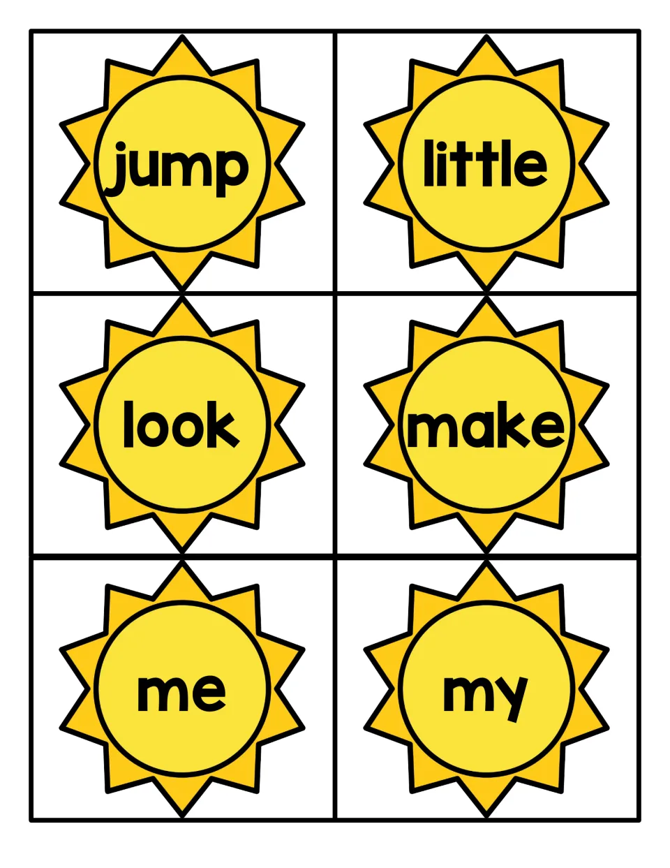 Sunshine word cards for jump, little, look, make, me and my that students read by sight during flashcard practice