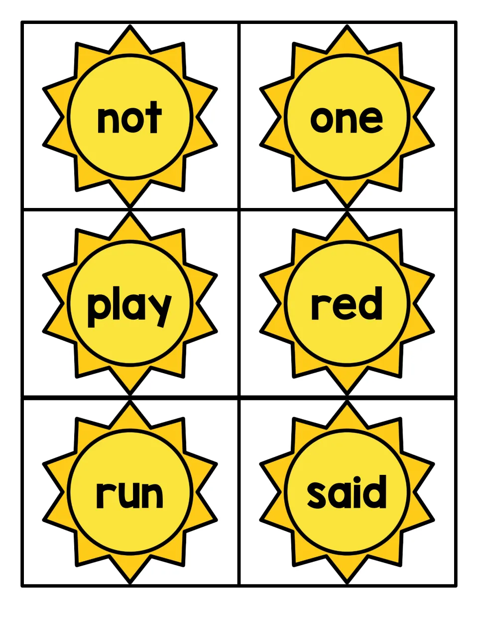 Sun-shaped cards with not, one, play, red, run and said for students to read, sort or use when building simple sentences