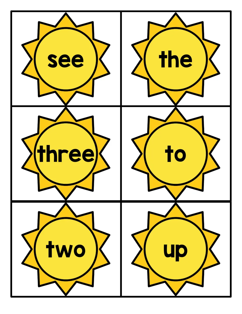 Yellow sun cards for see, the, three, to, two and up that students read aloud as quick-recognition flashcards