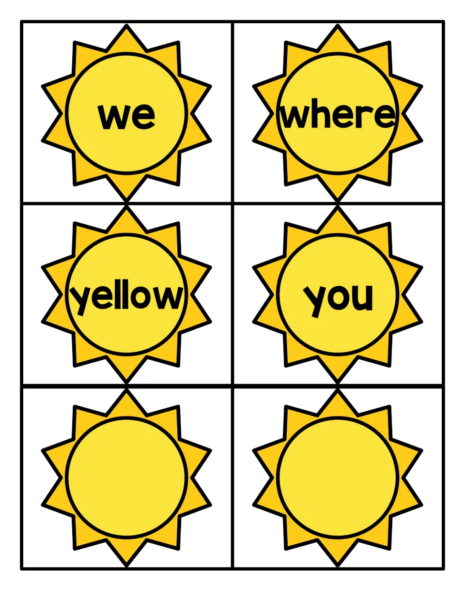 Final sun cards for we, where, yellow and you, plus two blank suns where students or teachers can write extra words