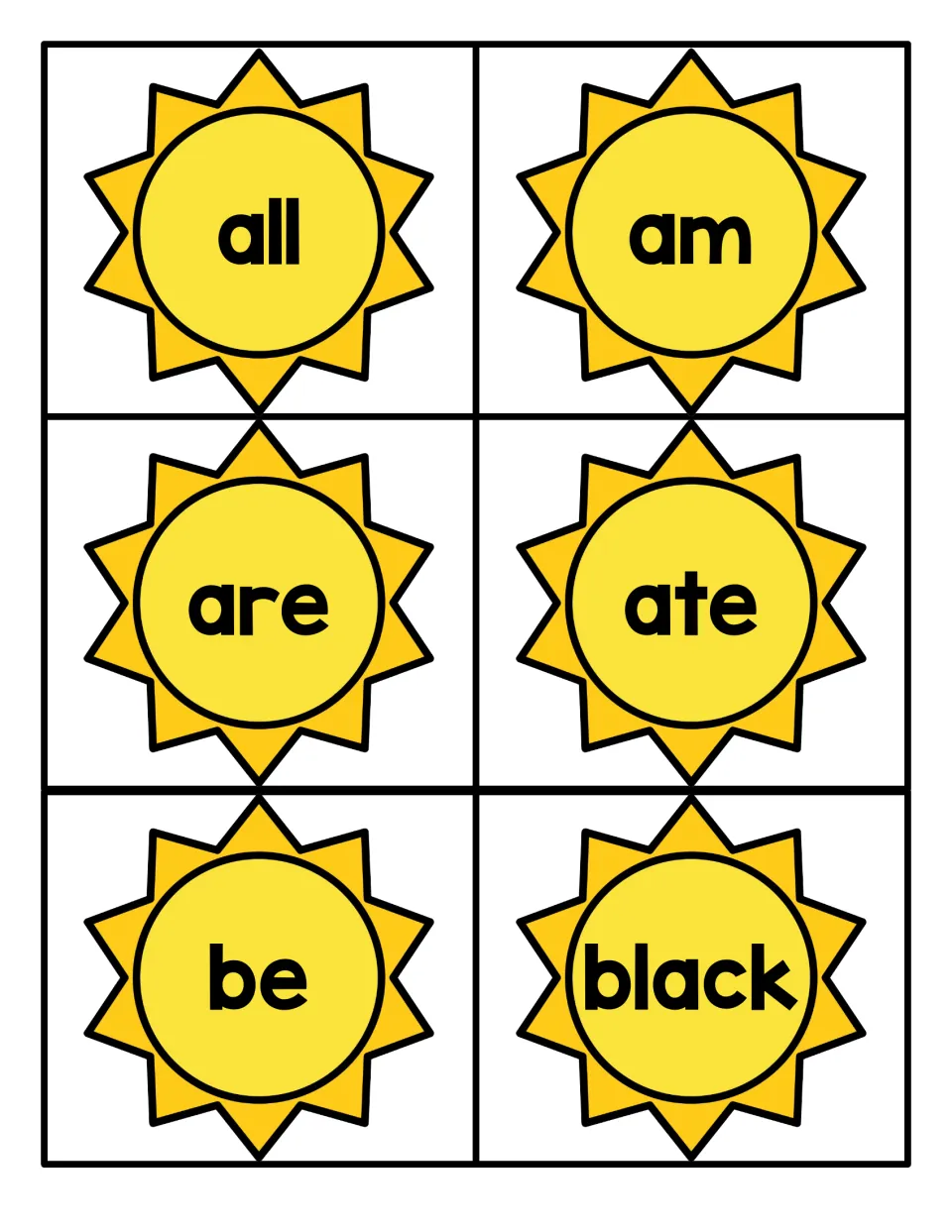 Primer sight words on yellow sun cards: all, am, are, ate, be and black, six cards students cut apart to read by sight