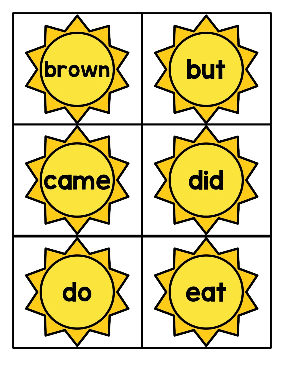 Sun flashcards with the sight words brown, but, came, did, do and eat for students to read aloud and recognize quickly