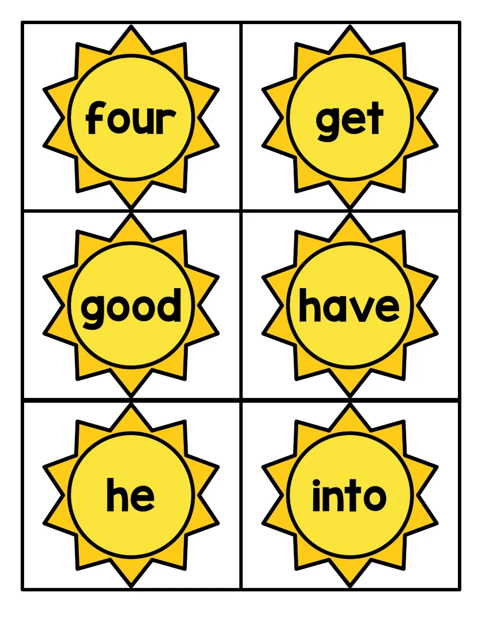 Sight word sun cards for four, get, good, have, he and into; students practise reading each high-frequency word