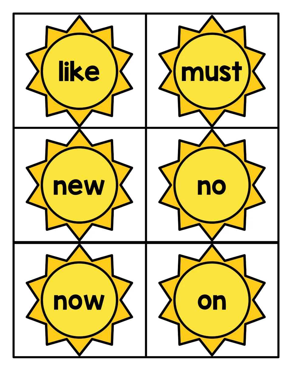 Sun-shaped word cards reading like, must, new, no, now and on, used for quick sight word recognition drills