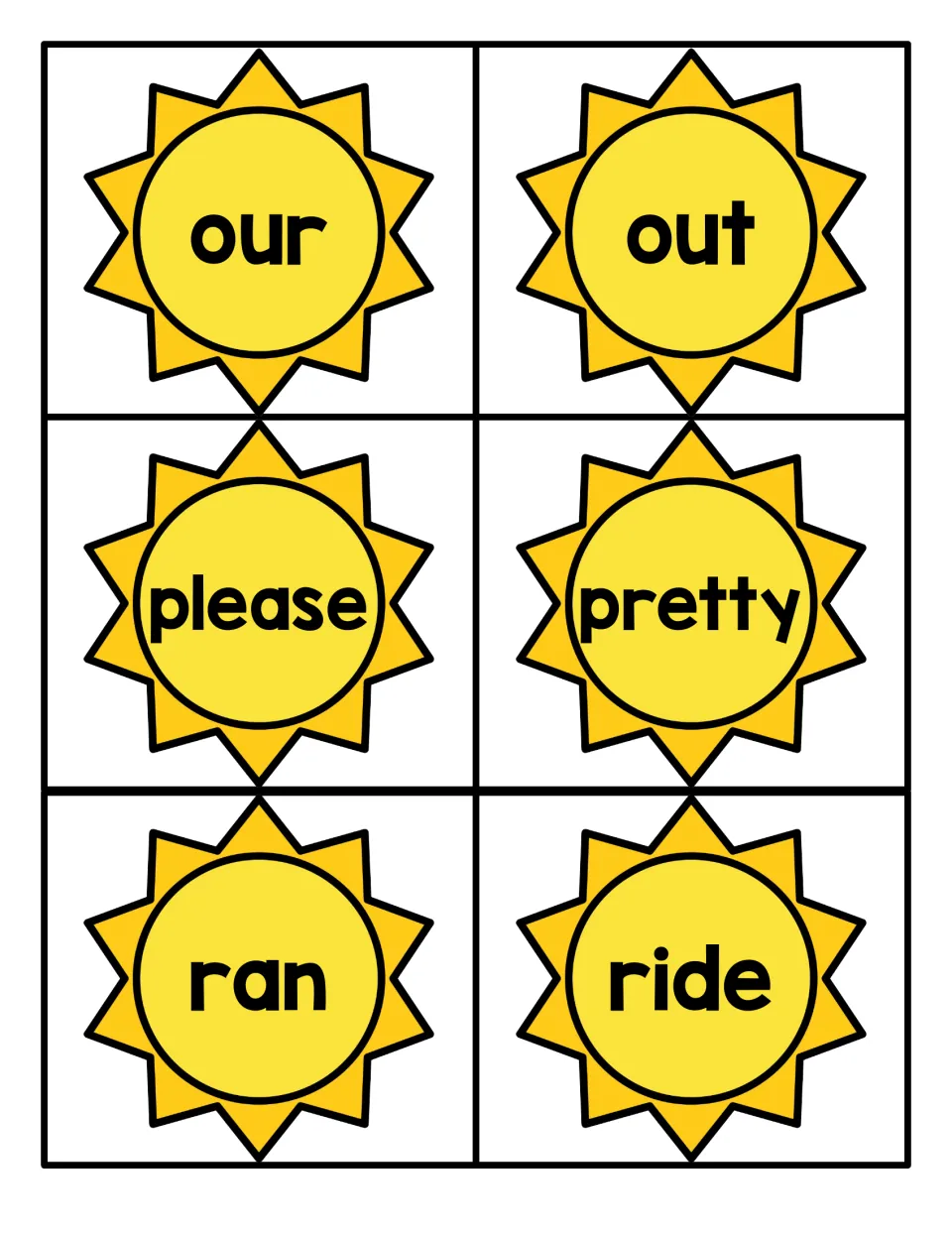 Primer word cards on suns: our, out, please, pretty, ran and ride, for students to cut out and read as sight words