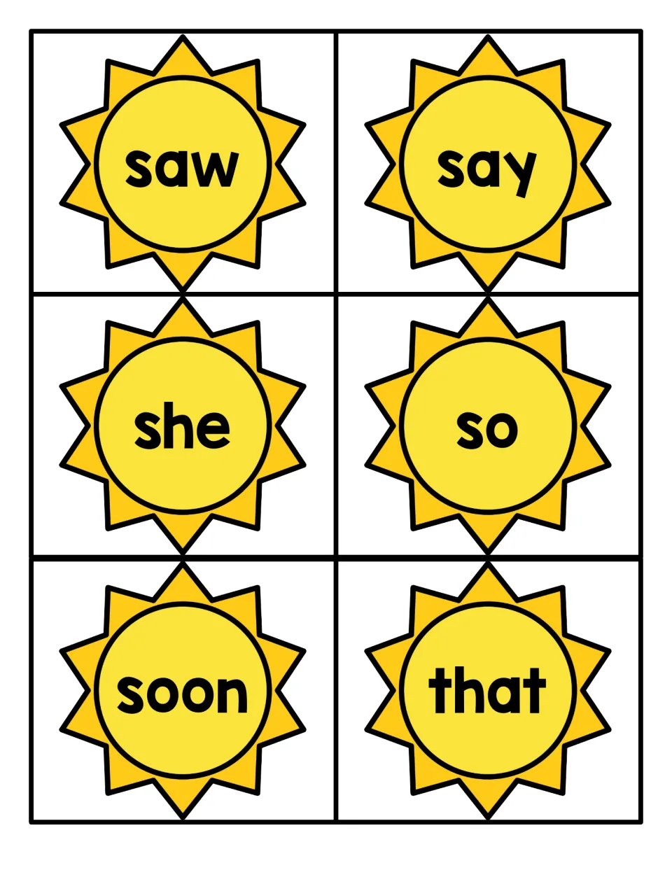 Sight words saw, say, she, so, soon and that on summer sun cards for students to cut apart and read on sight