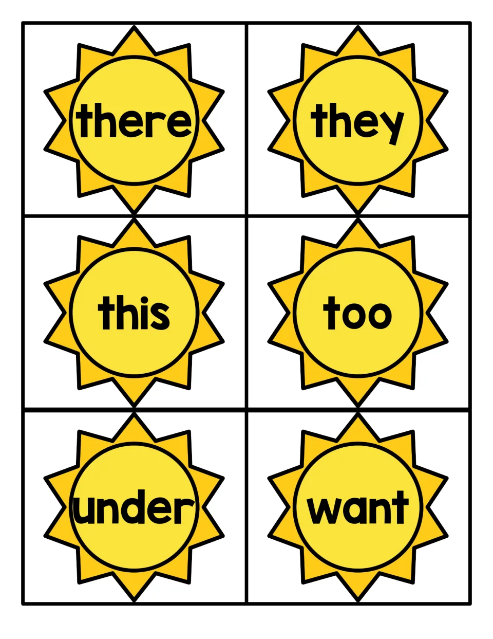 Summer sun cards showing there, they, this, too, under and want; students read each sight word aloud as it is shown