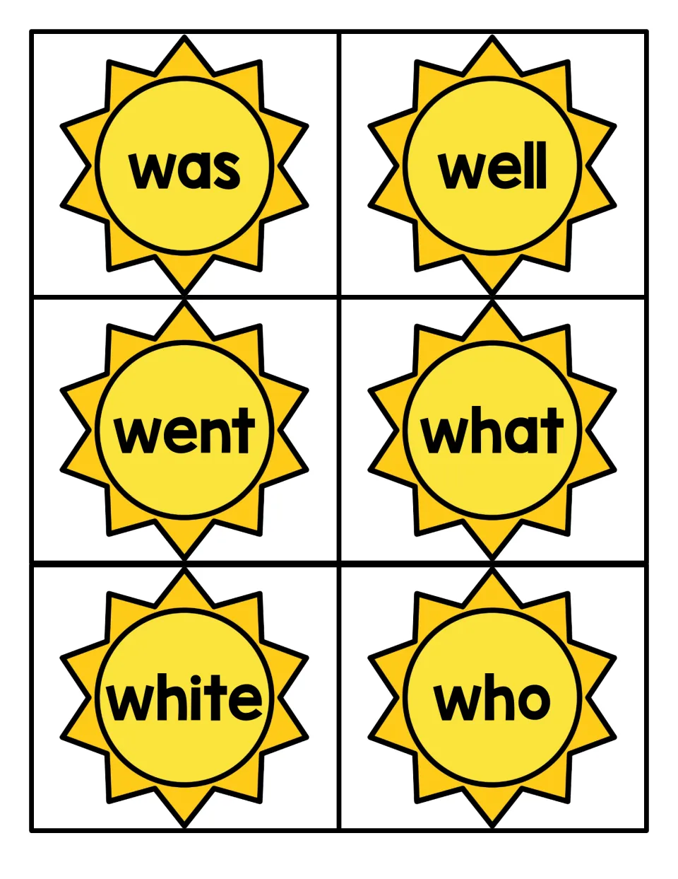 Sun flashcards for the w-words was, well, went, what, white and who, giving students practice reading sight words