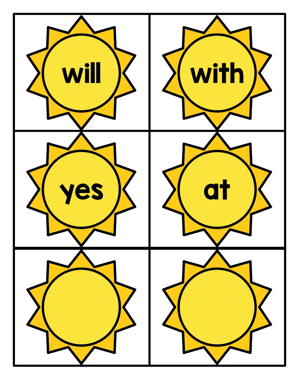 Final sun cards with will, with, yes and at, plus two blank suns where teachers can write extra sight words to practise