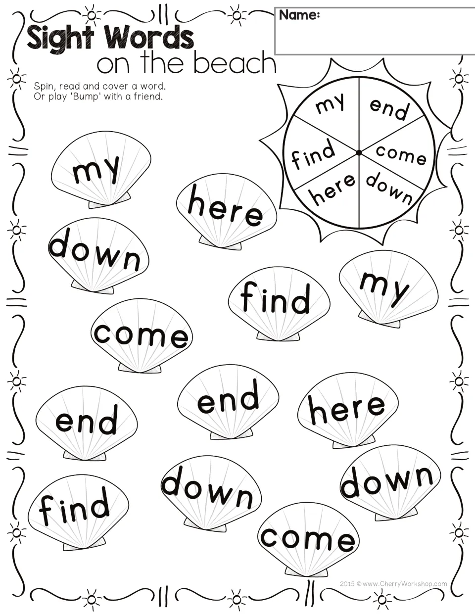 Sight word practice sheet 1: spin, read, and cover my, end, come, down, here, or find among 13 word spots.