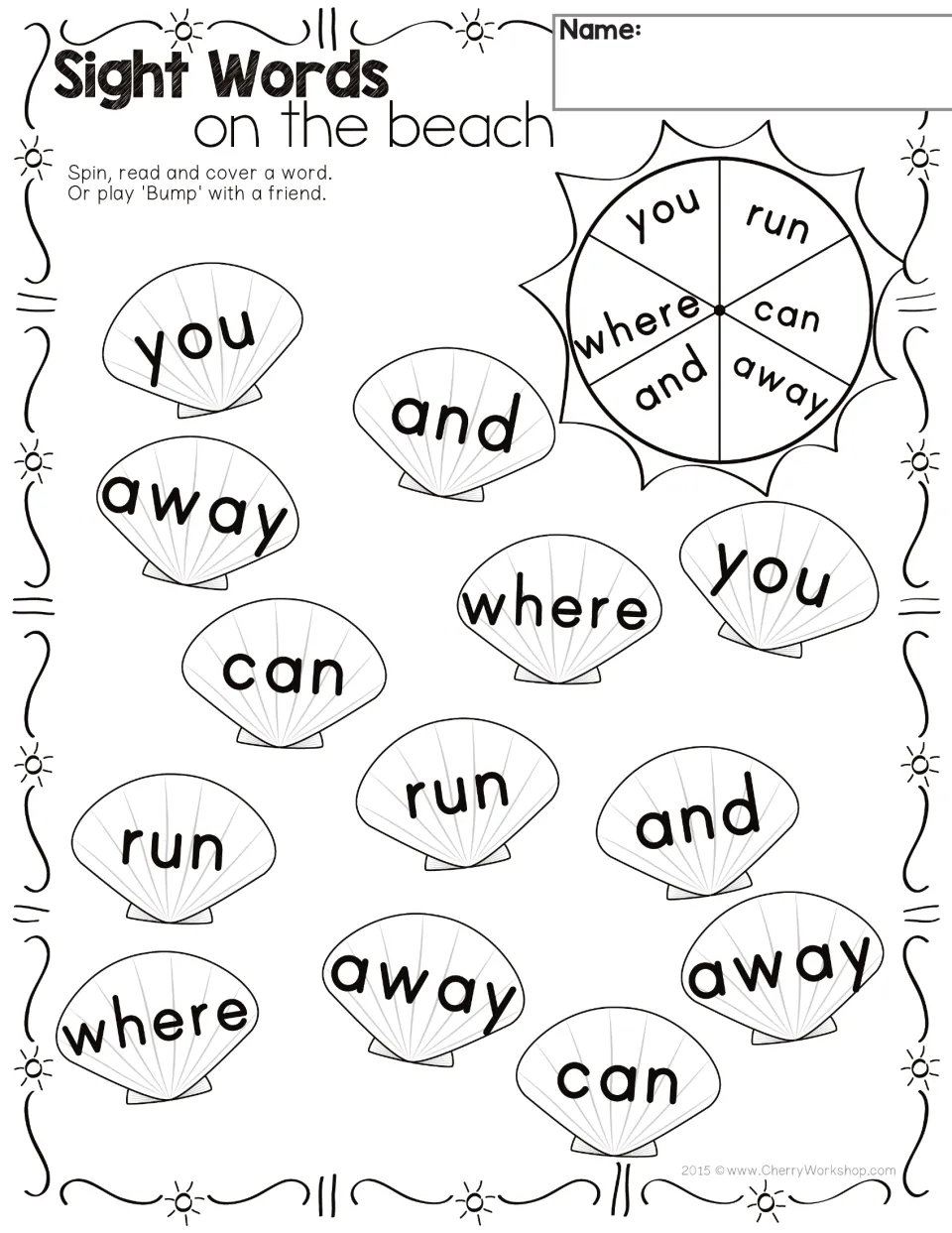 Sight word practice sheet 2: spin, read, and cover you, run, can, away, and, or where among 13 word spots.