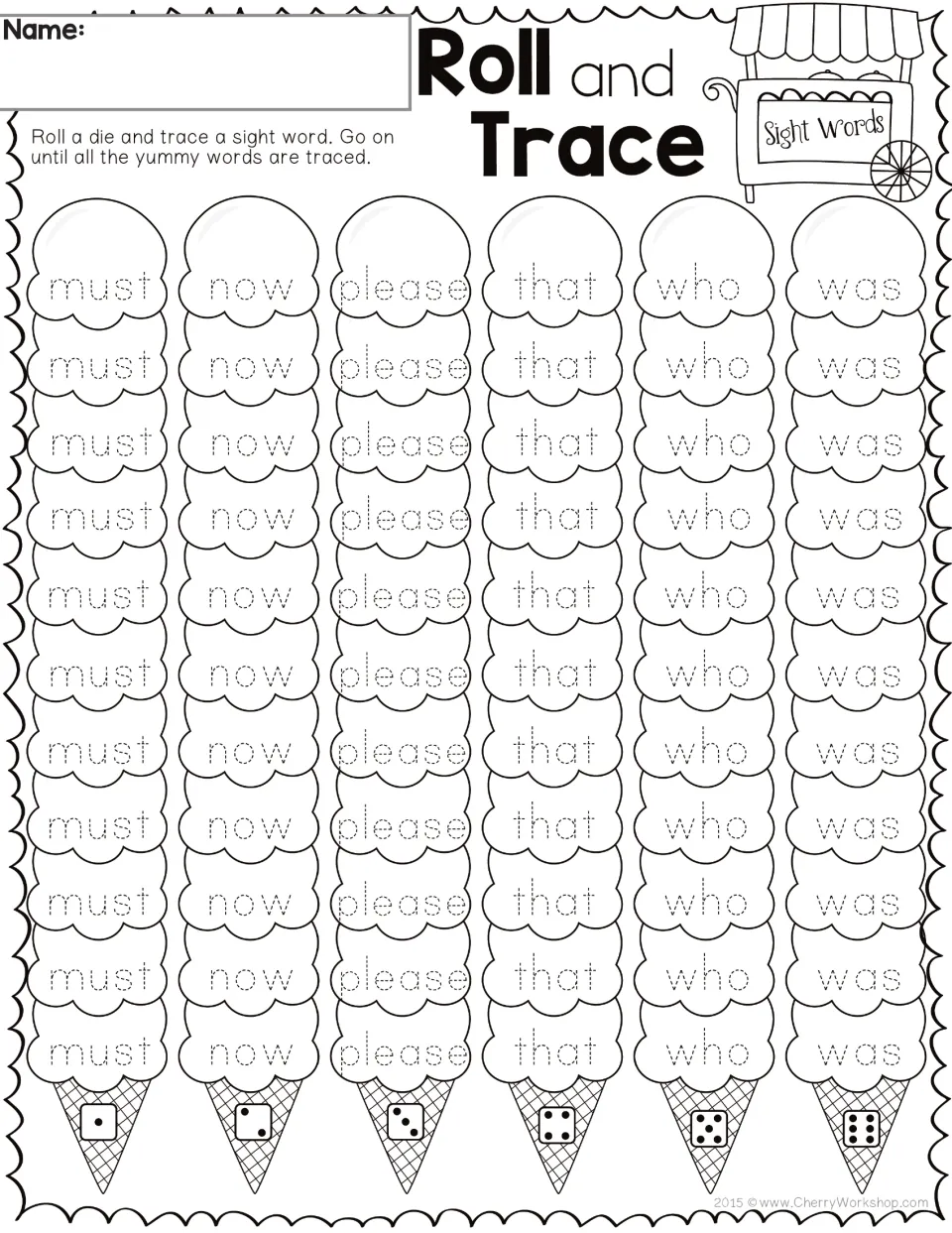 Sight word tracing sheet 4: roll a die and trace must, now, please, that, who, and was until all are traced.