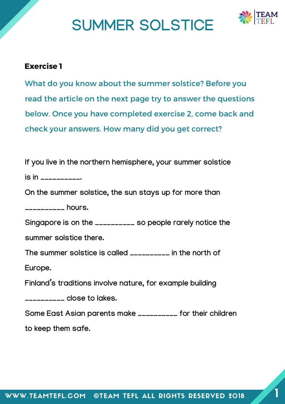 Summer solstice prediction quiz: students fill six blanks about hemispheres, Singapore and Finland before reading