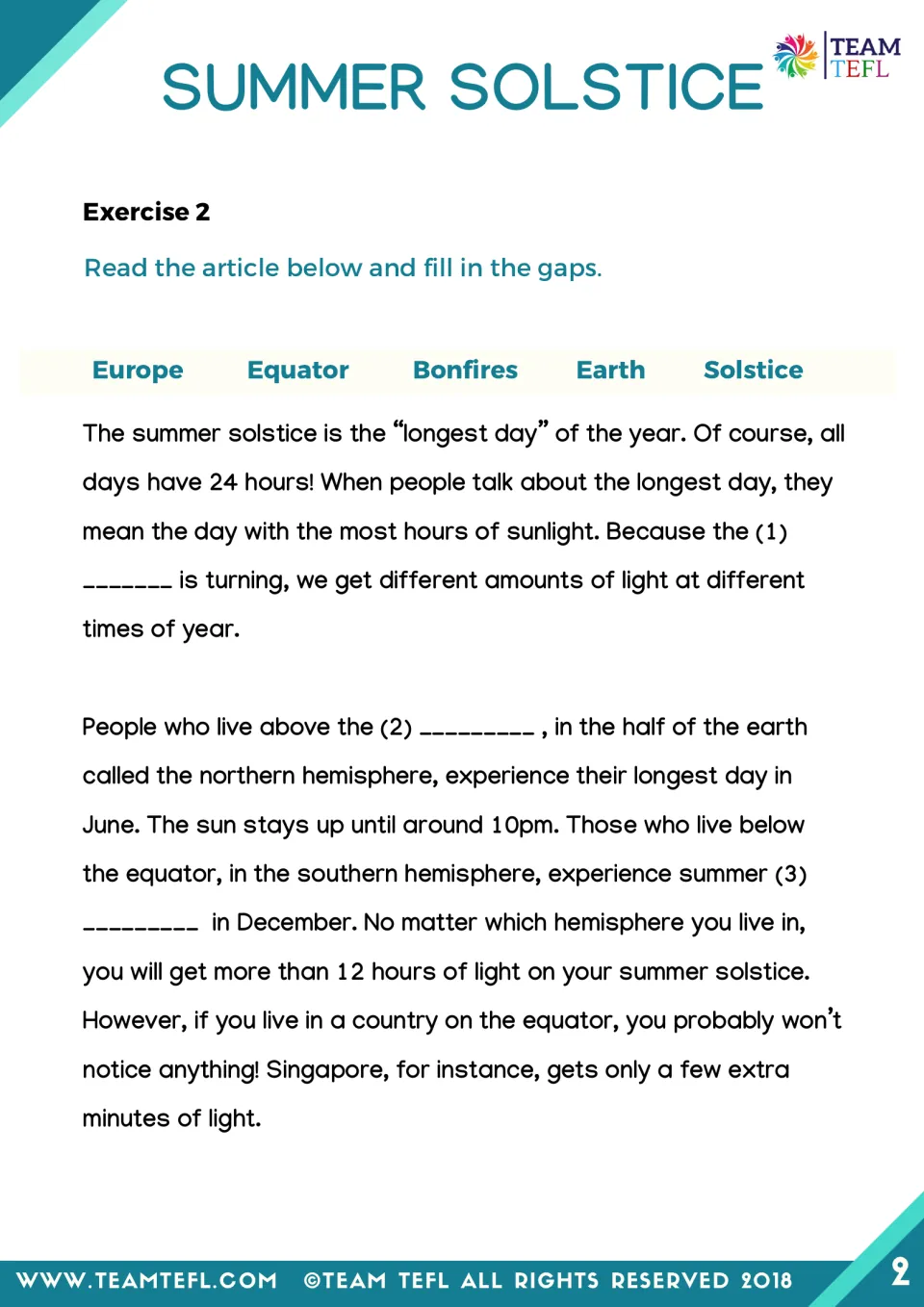 Solstice article, part 1: students read about the longest day and fill gaps 1 to 3 from a word bank of five words