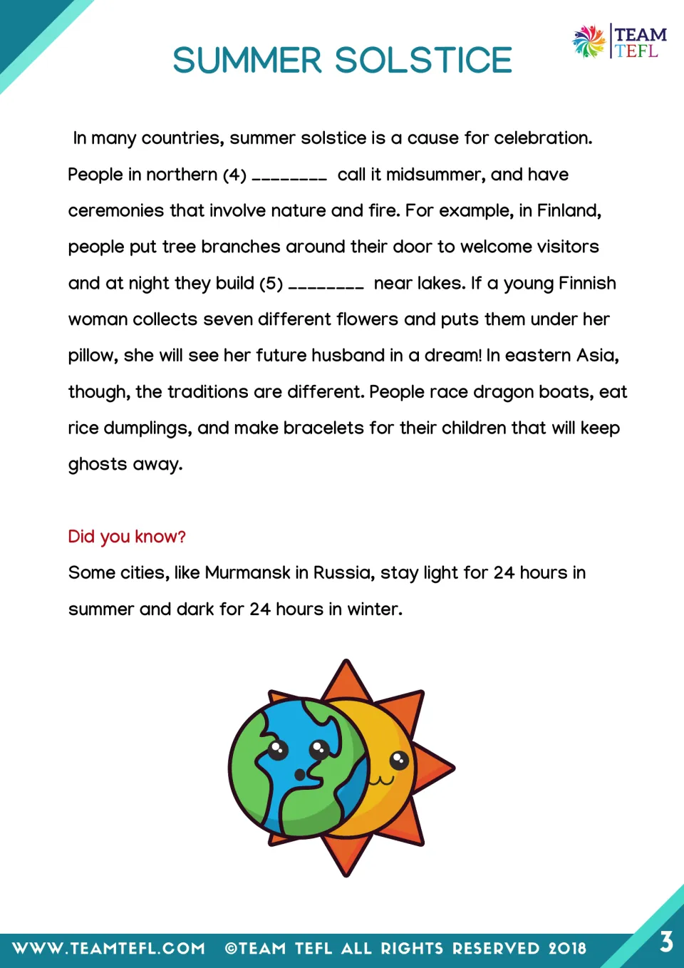 Solstice article, part 2: students fill gaps 4 and 5 in a text on midsummer customs in Finland and East Asia