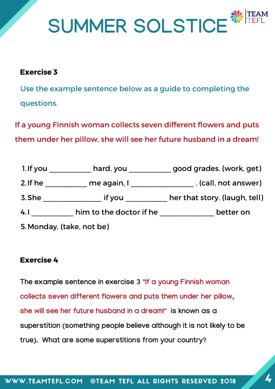 First conditional practice: students complete four if-sentences from verb prompts, then describe local superstitions