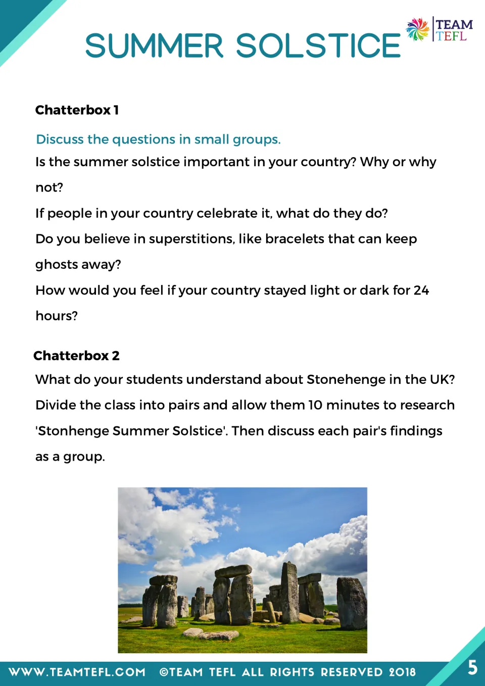 Summer solstice discussion: small groups answer four questions, then pairs research Stonehenge for 10 minutes and report