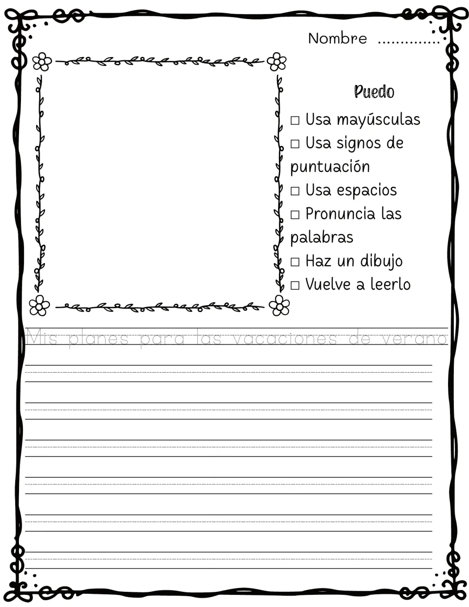 Mis planes para las vacaciones de verano: students trace the prompt, draw their summer plans and write about them in Spanish
