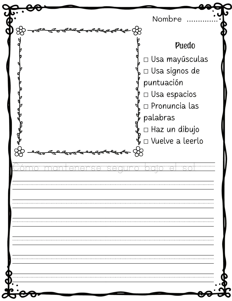 Cómo mantenerse seguro bajo el sol: students draw and write in Spanish about staying safe in the sun, then reread it