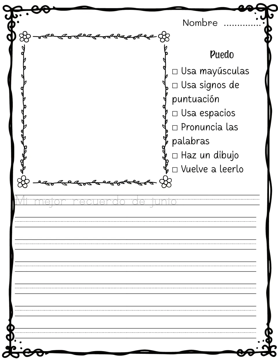 Mi mejor recuerdo de junio: students sketch and write about their best June memory in Spanish, checking capital letters