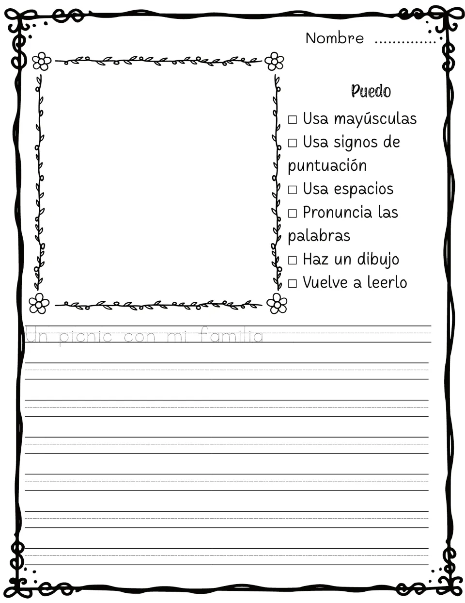 Un picnic con mi familia: Spanish journal prompt to draw a family picnic and write sentences about it using capitals