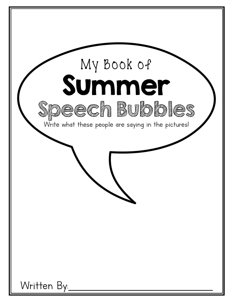 Student book cover reads 'My Book of Summer Speech Bubbles' and asks students to write what people are saying.